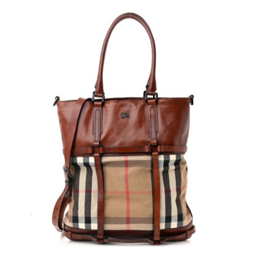 Burberry authentic brown leather bag crossbody tote.  Height 16”x 14.5”